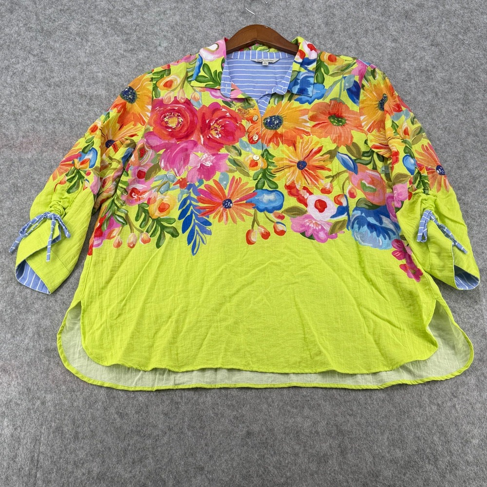 John Mark Lime Green Floral Tunic Top XL 3/4 Tie Sleeve Stripe Trim Blouse